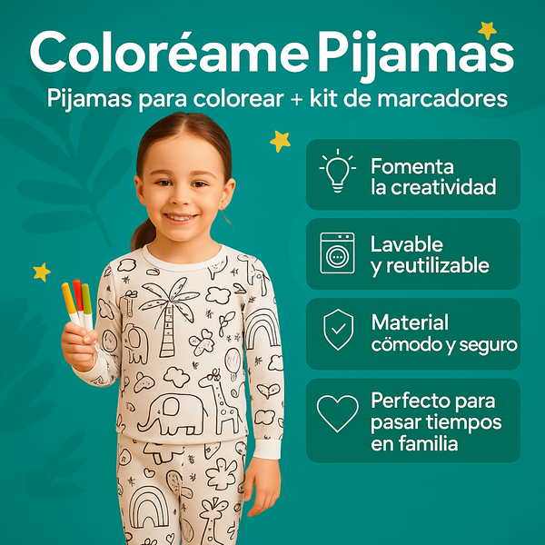 🌟 Coloreame Pijamas® | Pijamas para colorear + kit de marcadores