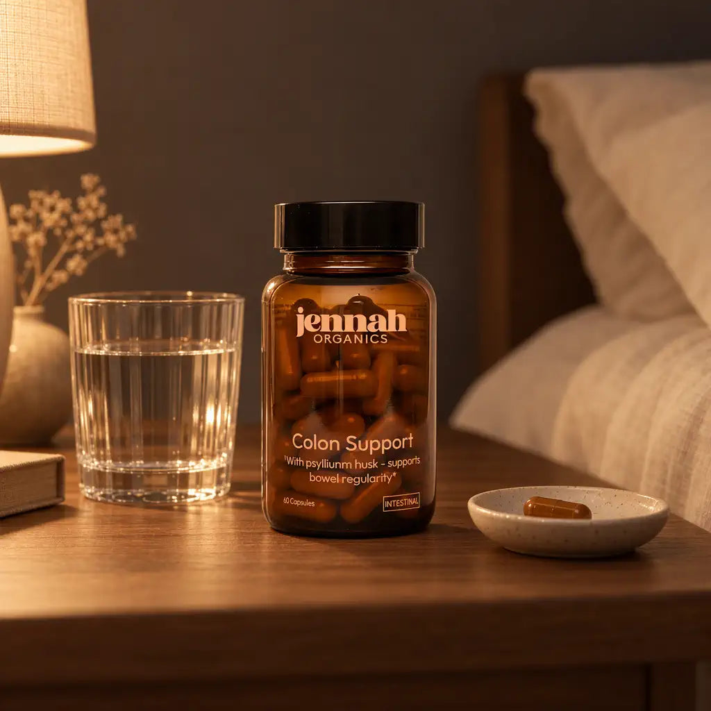 Frasco de Jennah y un vaso de agua en la mesa de noche