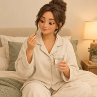 Personaje 3D tomando la cápsula con agua junto a la cama